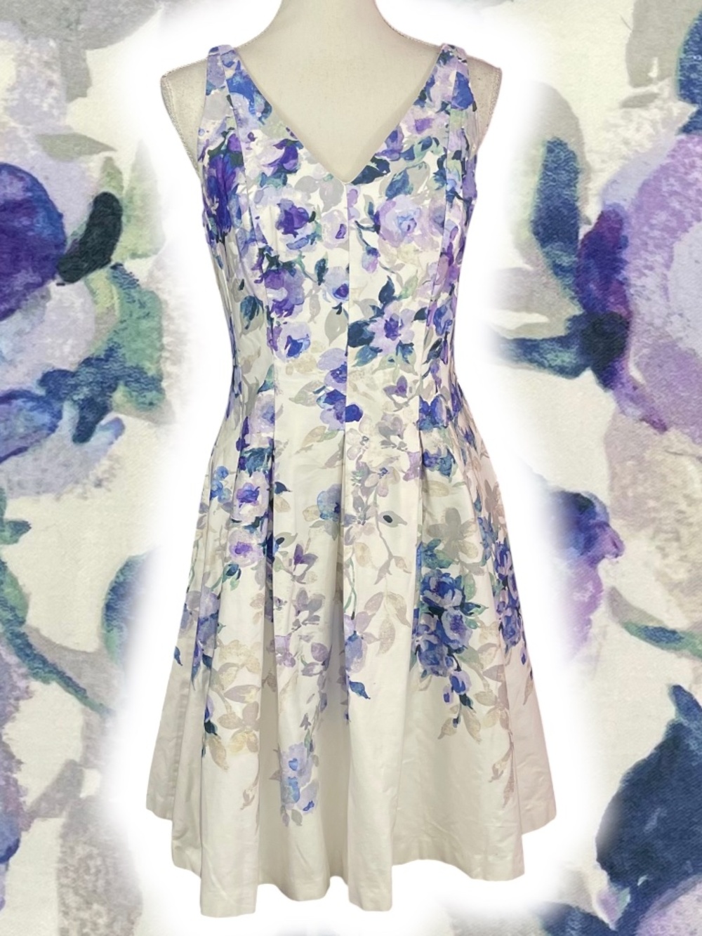Ralph Lauren Floral Dress 8 Tea Knee Length Midi A-Line Box Pleated Sleeveless